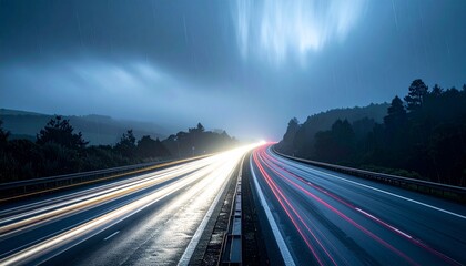 Obraz premium Foggy night city highway with fast moving cars and light trails creating motion blur on a busy road during travel