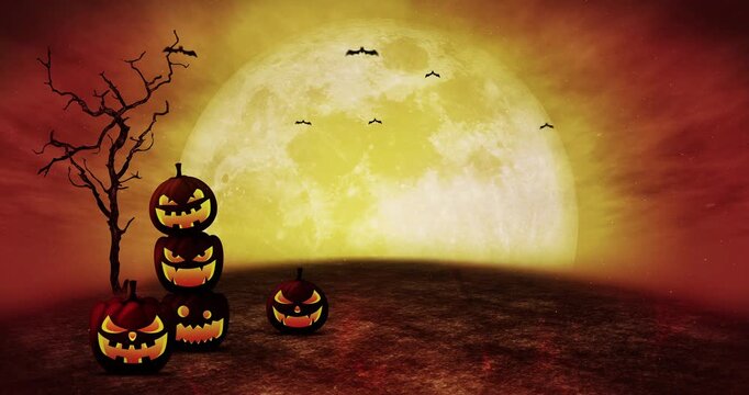 Spooky Halloween night with carved pumpkins stacked high under a giant full moon and flying bats.