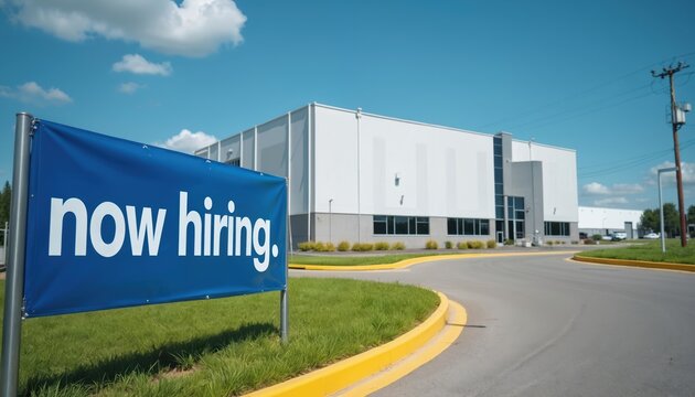 Blue banner announces now hiring at a large industrial warehouse complex. Openings available at modern business facility. Apply today for new career opportunities.