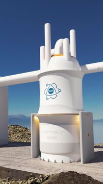 concept of a SMR small modular nuclear reactor power plant on a sunny day. SMR is a future energy concept. 3d rendering. Vertical Video