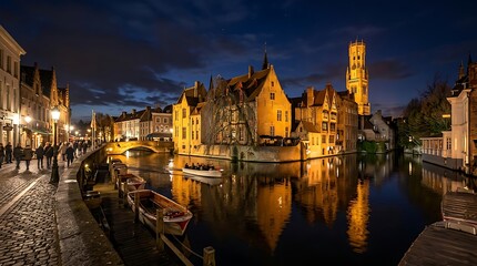 Fototapeta premium Illuminated Historic Canal Houses Reflecting in Calm Water at Night