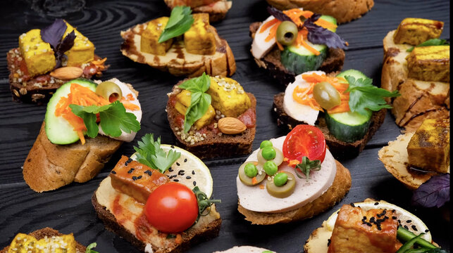 Assorted vegan bruschetta and canap&eacute;s on dark wood. Features tofu, fresh vegetables, olives, and herbs. Vibrant, healthy appetizers for catering or food blogs. High-quality gourmet stock photo.