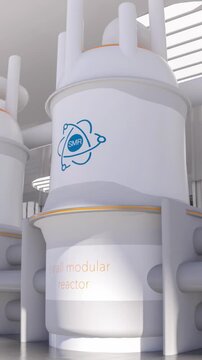 concept of a SMR small modular nuclear reactor power plant on a sunny day. SMR is a future energy concept. 3d rendering. Vertical Video