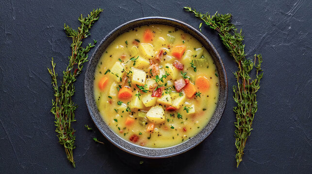 Hearty potato soup with carrots and bacon in a dark bowl. Top-down view on a black textured background with fresh thyme. Professional food photography for menus or blogs. High-quality stock.