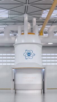 concept of a SMR small modular nuclear reactor power plant on a sunny day. SMR is a future energy concept. 3d rendering. Vertical Video