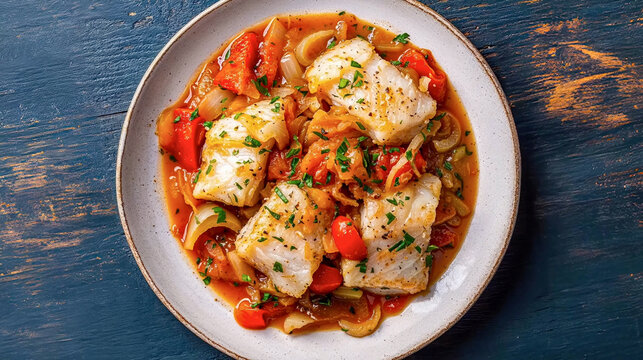 Baked white fish fillets in a savory tomato and herb sauce with onions. Top-down view on a rustic blue wooden background. High-quality Mediterranean seafood photography for gourmet stock use.