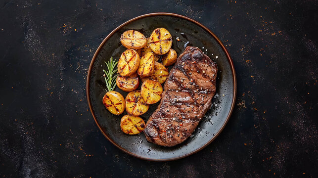Grilled ribeye steak with charred baby potatoes and rosemary on a dark plate. Top-down view, moody lighting, rustic black background. Premium gourmet food photography for stock and commercial use.