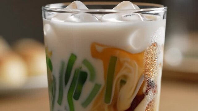 Close-up of a refreshing glass of cendol with milk being poured over ice, a traditional Southeast Asian dessert.