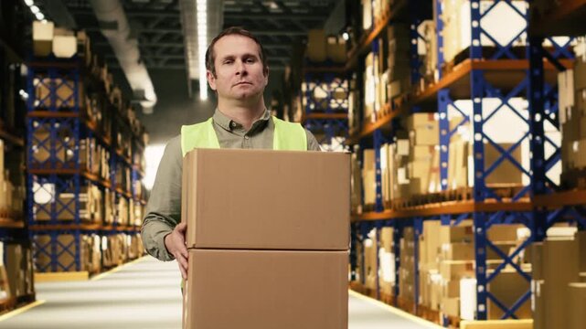 Man staff member stacking packages filled with merchandise in warehouse, verifying cargo in cardboard boxes before dispatch and order fulfillment. Production workflow with safety compliance.