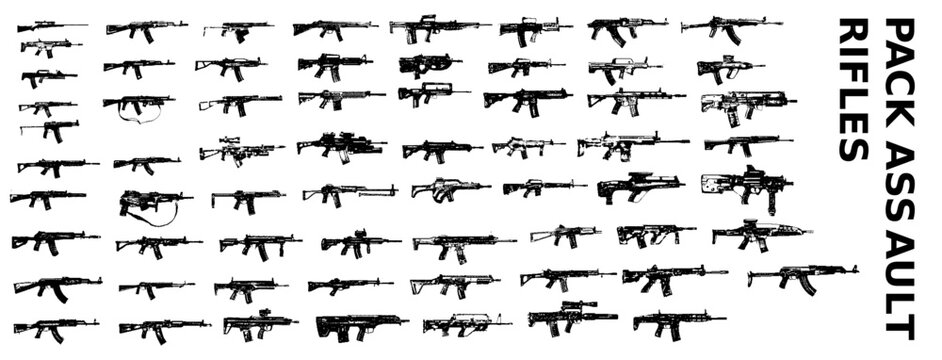 Set of modern hunting rifles and sniper rifles collection with scopes and crosshair target symbol. Pixel illustration. 