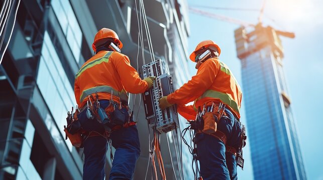 Telecommunication Workers Installing Equipment for Digital Connectivity In an Urban Area Original Outdoor Background