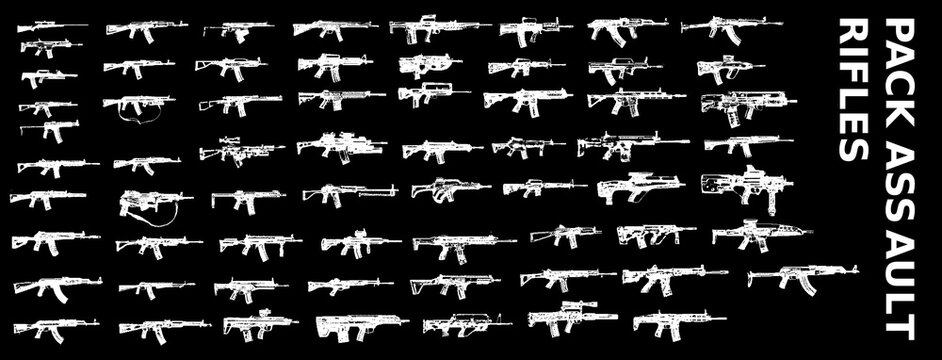 Set of modern hunting rifles and sniper rifles collection with scopes and crosshair target symbol. Pixel illustration. 