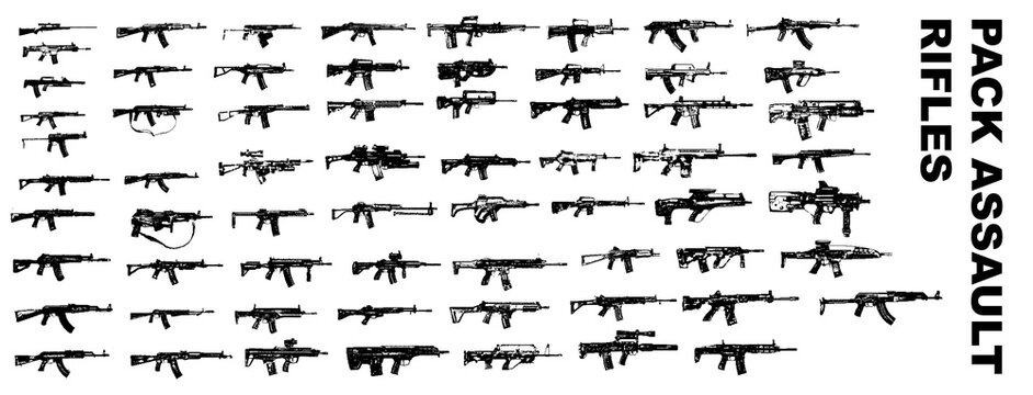 Pixel weapon silhouettes set featuring. Rifles. Pack with Attachments and Variations