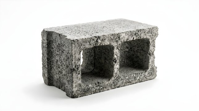 A single gray cinder block with two holes, isolated on a white background, showcasing its rough texture and construction material