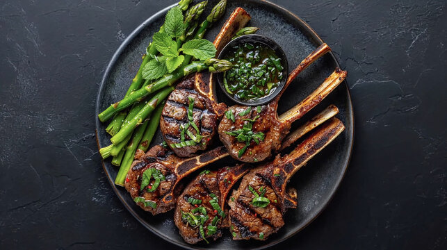 Grilled lamb chops with fresh asparagus, herb garnish, and chimichurri sauce on a dark plate. Professional food photography, rustic dark background, elegant plating, and gourmet aesthetic.