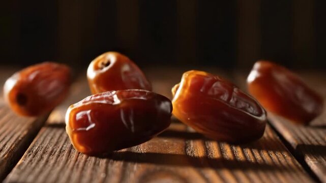 Close-up of dates falling onto a rustic wooden table, creating a soft bounce and settling gently in a warm, inviting light.