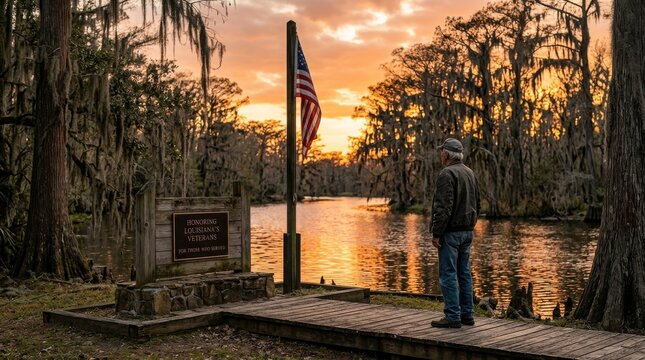 Man watches American flag at bayou memorial at sunset