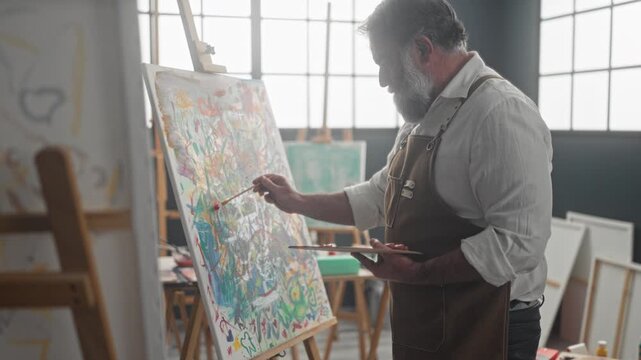 Man painter paints on canvas with brush and palette, hand applying color at easel in bright studio; creativity contemplation focus.
