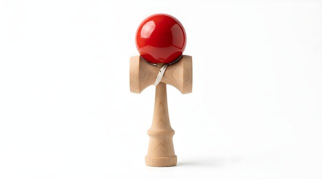 A close-up shot of a wooden kendama toy with a red ball, showcasing its classic design and intricate craftsmanship for play and skill development