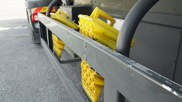 yellow wheel chock on tanker truck