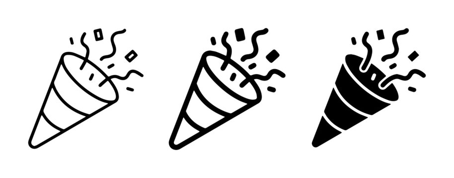 Confetti Popper Icons, Party Poppers, Celebration Symbols, Festive Event Graphics, Vector Set