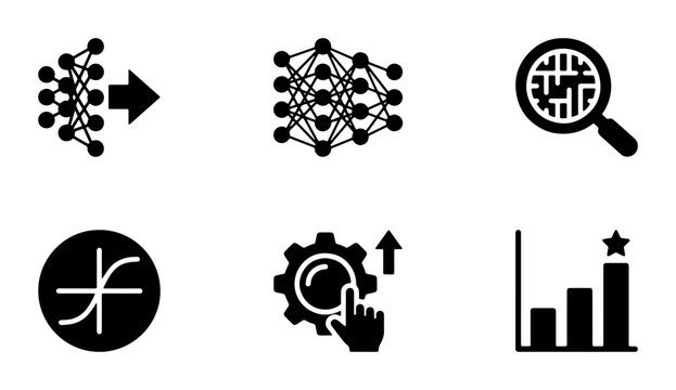 Neural Network Icons, Machine Learning Symbols, AI Data Analysis Graphics, Deep Learning Algorithms, Technology & Science Vector Set