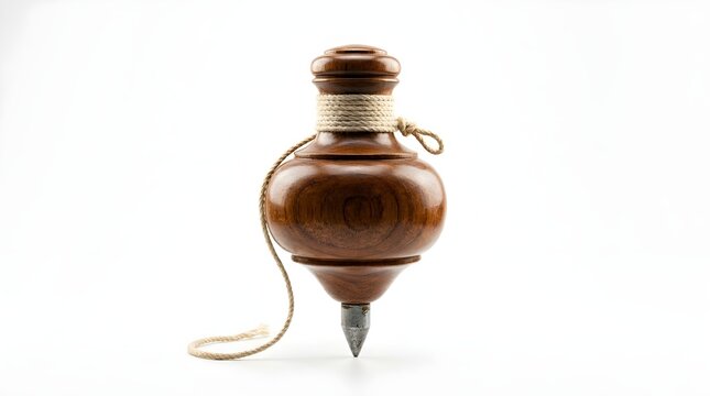 Detailed shot of a classic wooden spinning top with a rustic string, embodying a timeless traditional toy and a symbol of cherished childhood games and simple entertainment