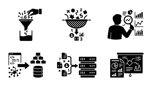 Data Analysis Icons Set, Business Analytics Vector Graphics, Information Processing Symbols, Digital Strategy Icons