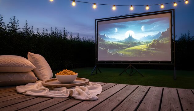 Horizontal photography of an outdoor cinema setup on a wooden deck with popcorn and pillows for a backyard movie night film concept under twilight string lights