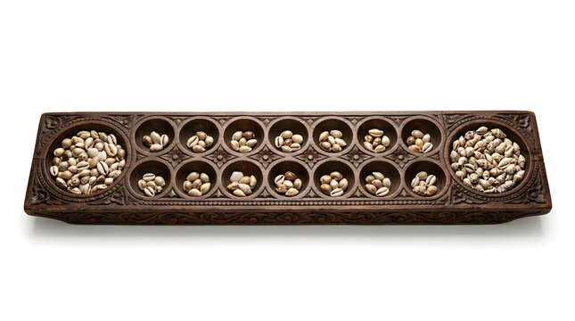 An intricately carved traditional wooden Mancala board game, filled with a multitude of gleaming golden seeds, meticulously captured against a pristine white background
