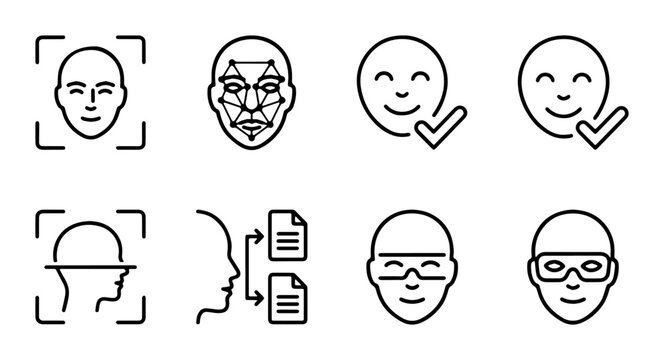 Facial Recognition Icons Set, Biometric Security Technology, Identity Verification, Face Scan System, Human Identification, Digital Access, Security Technology