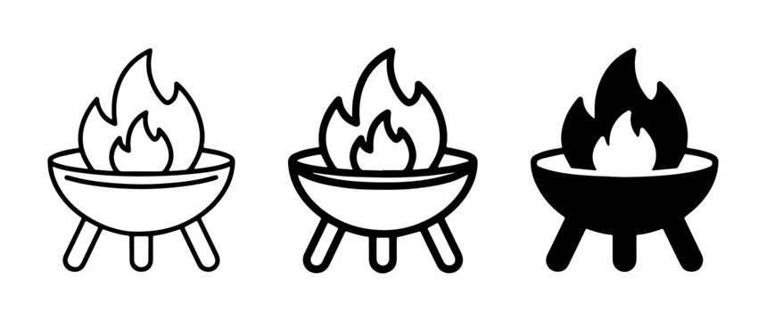 Barbecue Grill Icons, Fire Pit Vector Set, Outdoor Cooking and Heat Symbols