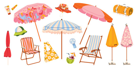 Cute summer beach vector sticker set in hand drawn style with umbrellas, deck chairs, cocktail, beach bag and tropical vacation elements. Perfect for planner, scrapbooking and design. © m_matvi
