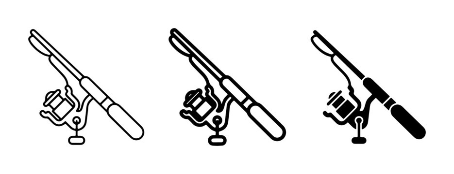 Fishing Rod and Reel Icons, Vector Set: Outline, Filled Outline, and Solid Black Graphics for Angling and Outdoor Recreation Themes
