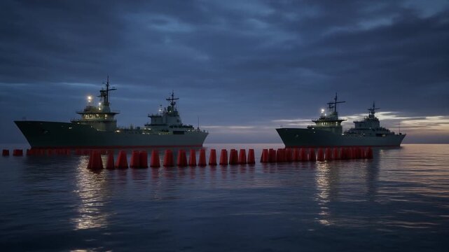 Naval patrol ships guarding maritime border with floating barrier