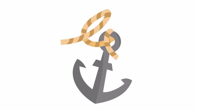 Nautical anchor with twisted rope in cartoon animation. Gray maritime ship anchor for marine element concept on the alpha channel in flat design style.