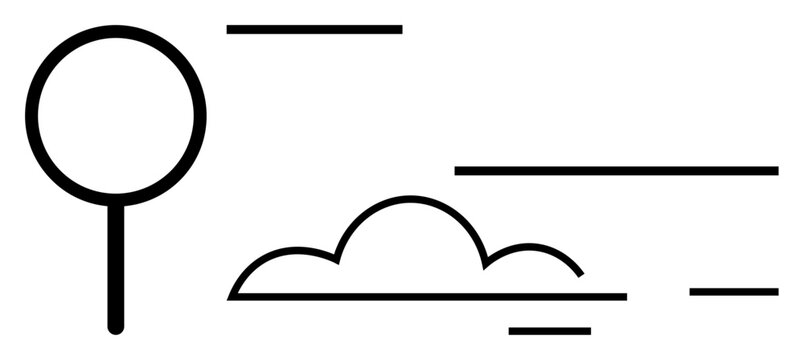 Data discovery, information search, cloud computing, internet exploration, analytics, technology. A magnifying glass and cloud lines in black and white. Data discovery and cloud computing