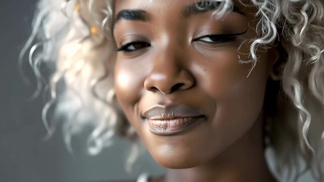 A woman with curly hair is captured in a series of close-ups. The lighting highlights her facial features as she shows different expressions in each frame.