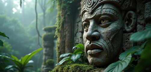 Fototapeta premium Ancient Mayan stone god face carving overgrown with moss and vines in misty jungle. Old ruin stone sculpture detail. Mysterious jungle heritage exploration.