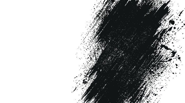 Abstract black ink brush stroke with splatter texture and negative space.