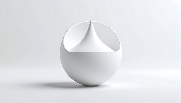 abstract white sphere with concave interior and pointed drop shape emerging, minimalist studio lighting, modern design element