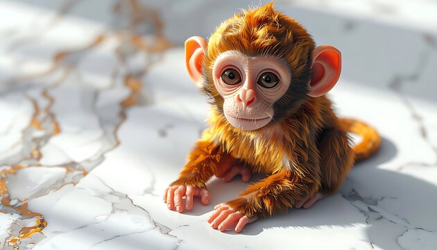 Adorable fuzzy baby monkey lying on a textured marble surface, natural light casting shadows, cute and playful animal portrait