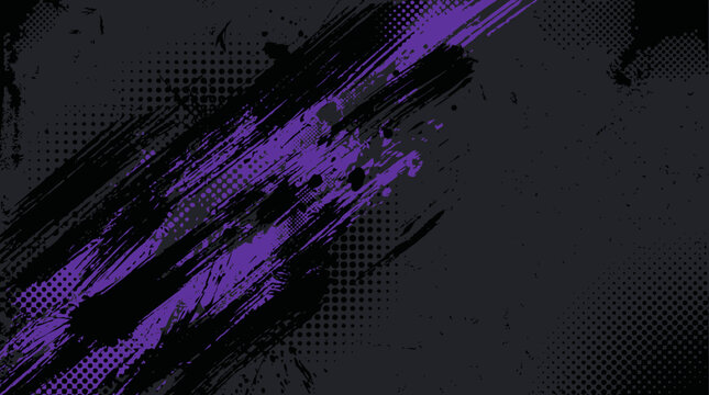 Dark abstract purple brush stroke background with halftone dots and grunge texture.