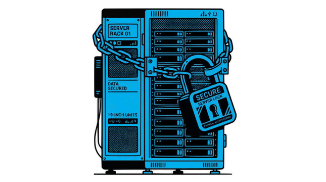Server rack secured with padlock and chain in data center environment