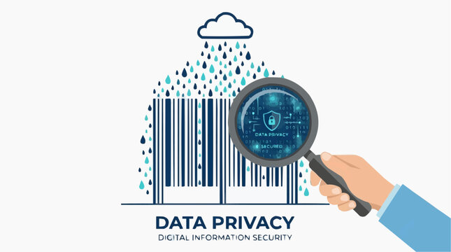 Hand inspecting data privacy shield with digital security icons and cloud