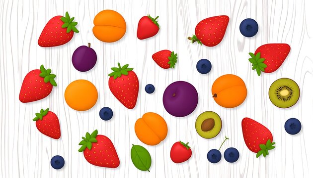 Assortment of fresh pixelated fruits scattered on a light wooden surface, featuring strawberries, blueberries, plums, apricots, and kiwis