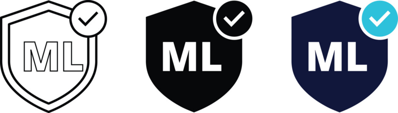 ML Shield Checkmark Badge Icon Set - AI Security Technology 3 Variations