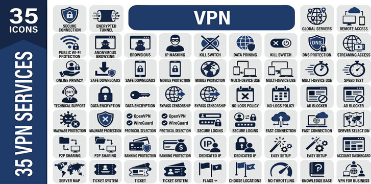 Essential vector icon set featuring 35 Virtual Private Network (VPN) services for enhanced online security, data privacy, secure browsing, and internet protection