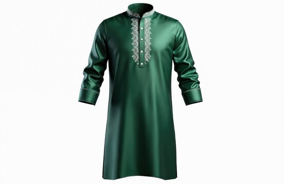 Elegant bottle green silk kurta with white embroidery details. Traditional Indian menswear offers a luxurious and stylish look. Perfect for festive occasions and formal events.