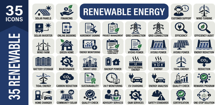 Extensive vector icon collection illustrating diverse aspects of renewable energy, sustainable power generation, green technology, and eco-friendly solutions